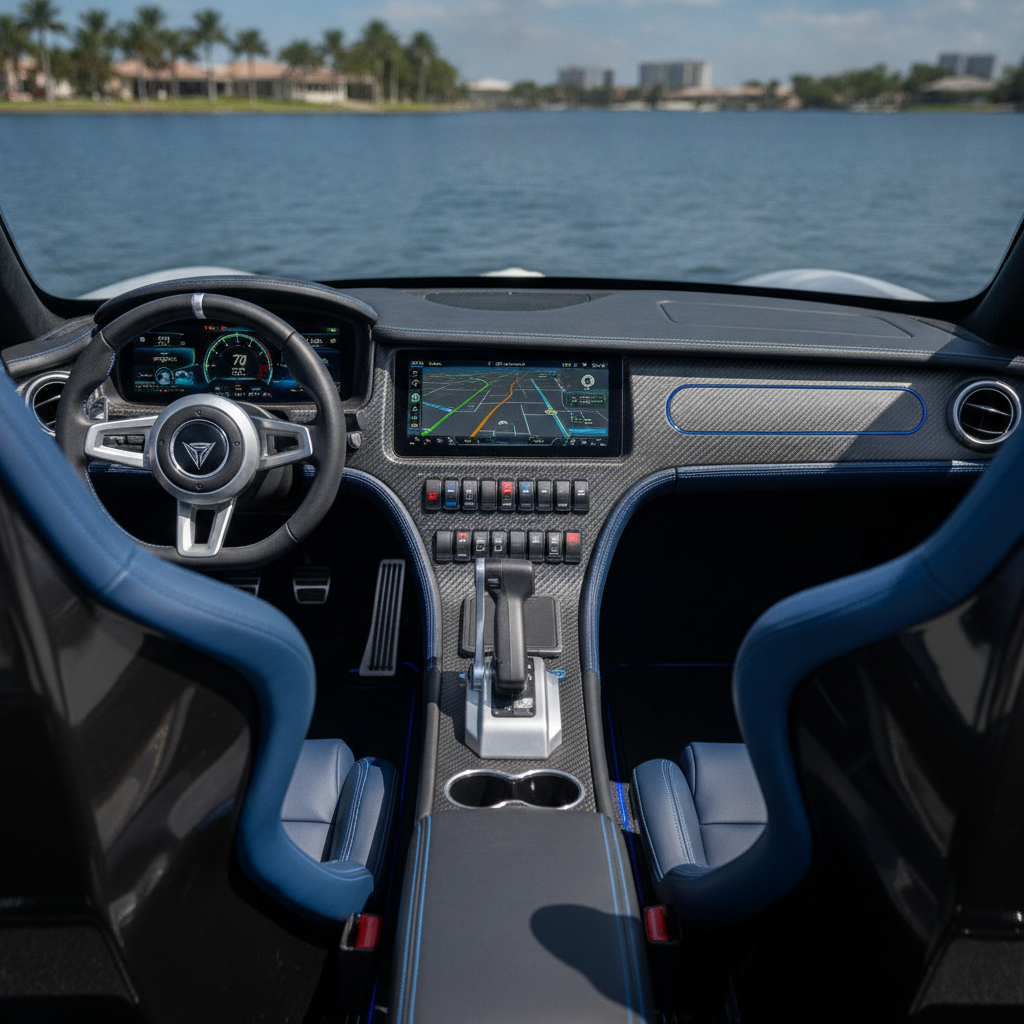 Close-up detail of luxury jet car premium dashboard, controls, and ergonomic racing seats showcasing engineering craftsmanship