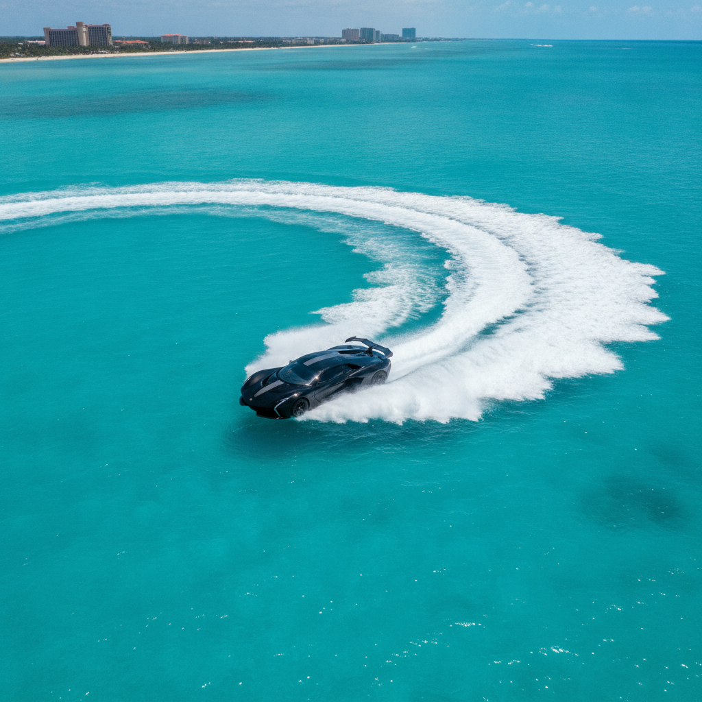 High-angle drone shot of a sleek black jet car executing a powerful, sharp turn, creating a large white wake on the turquoise water.