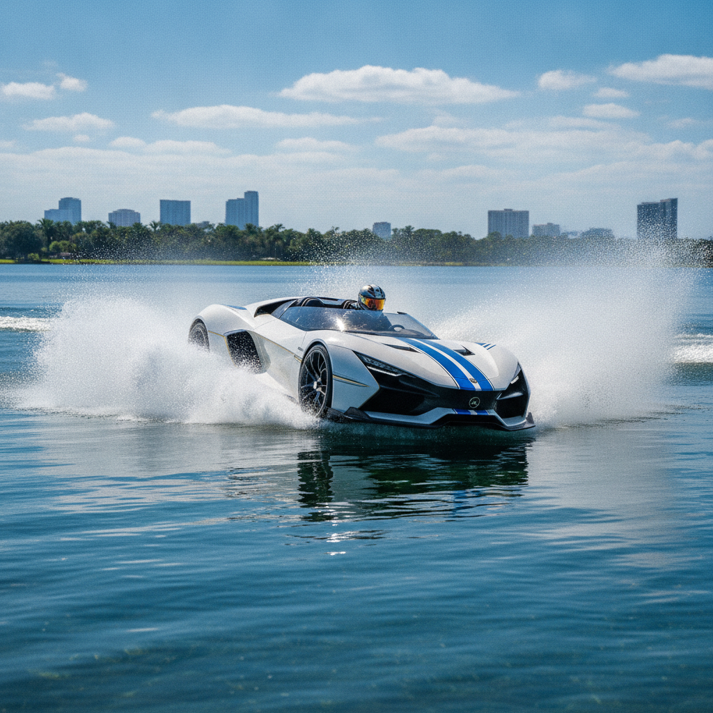 Sleek, futuristic luxury jet car making a sharp turn on the clear blue water of a lake in Orlando, Florida, with spray kicking up.