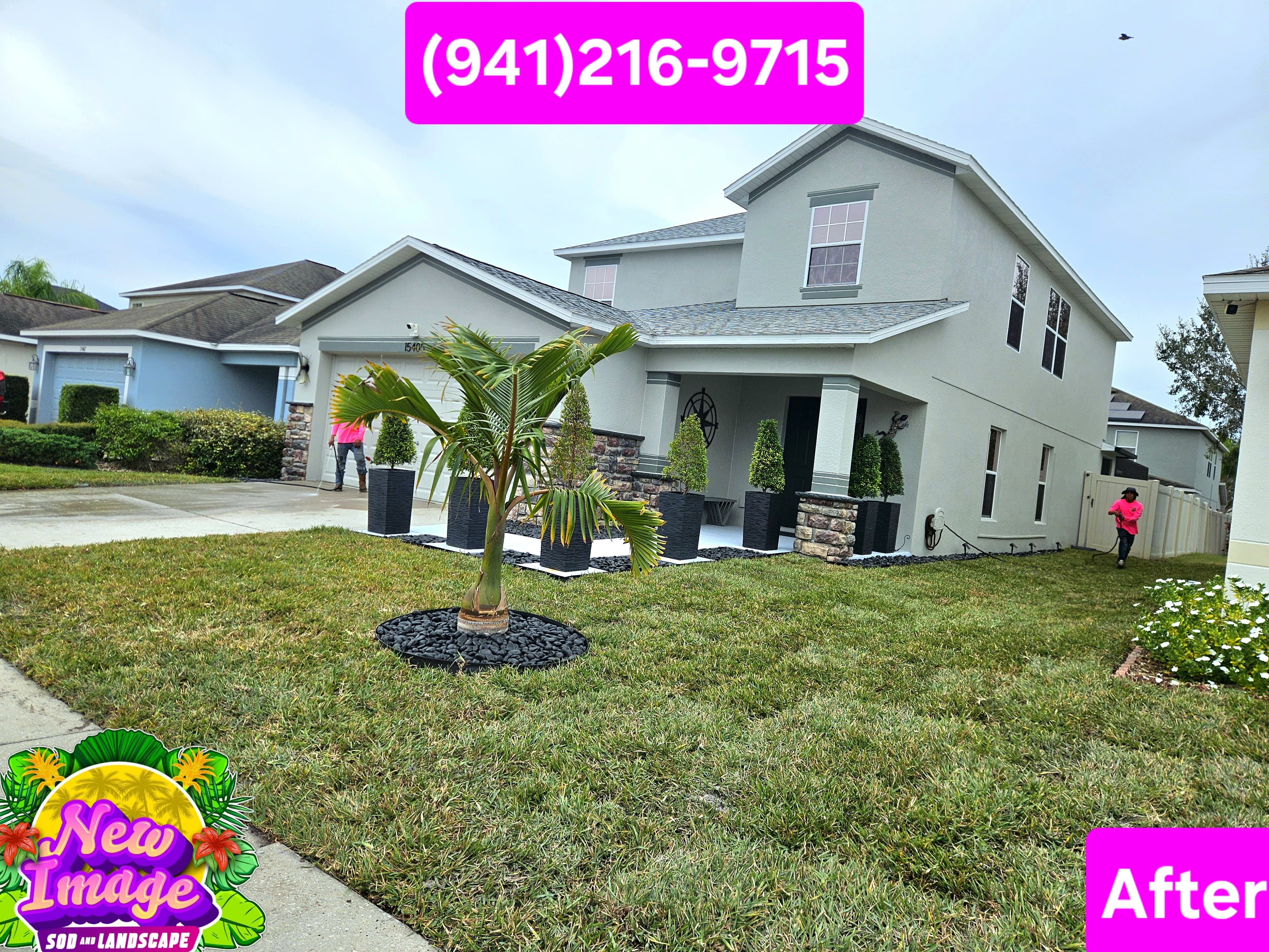 A meticulously landscaped garden bed featuring a variety of palm trees, colorful flowers, and decorative rocks.