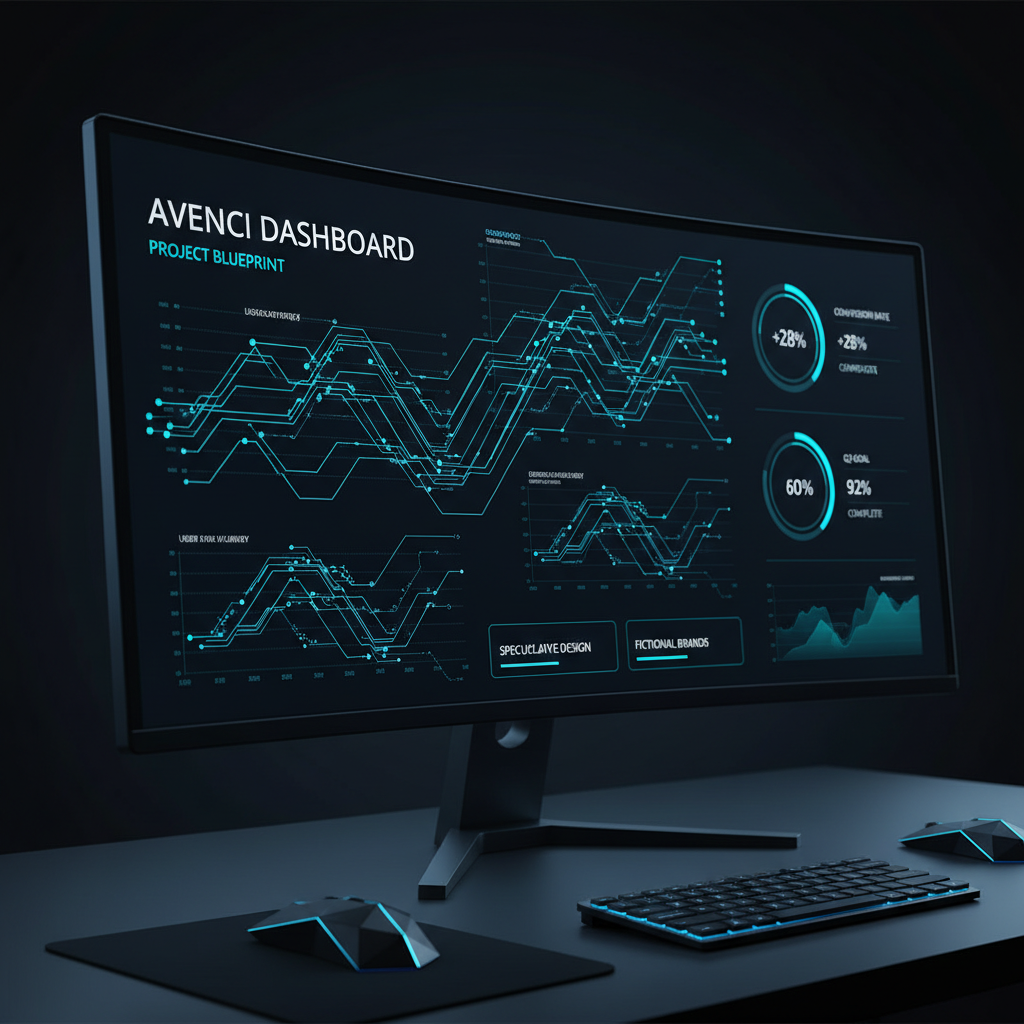 Concept mockup of a futuristic luxury SaaS dashboard with glowing blue analytics charts on dark background