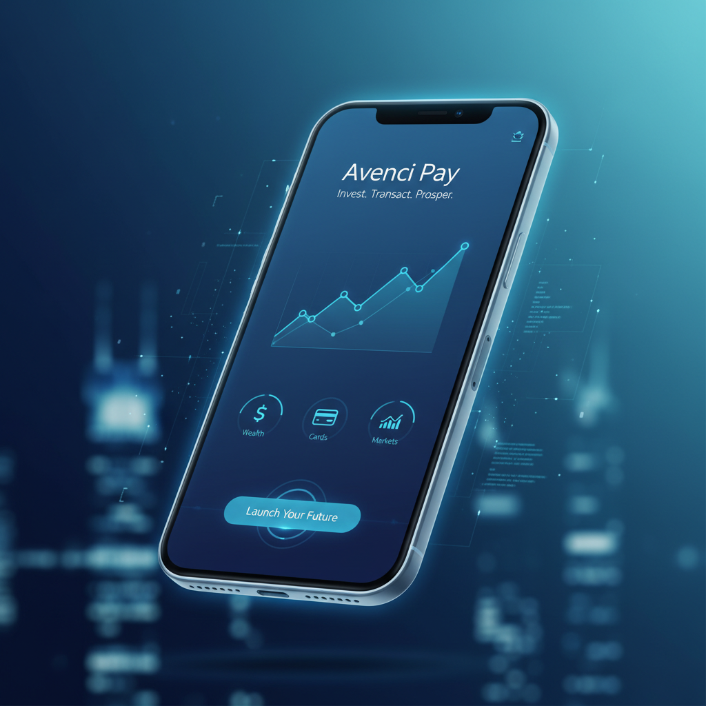 Concept mockup of a sleek fintech mobile app landing page with floating phone device and glowing blue UI elements