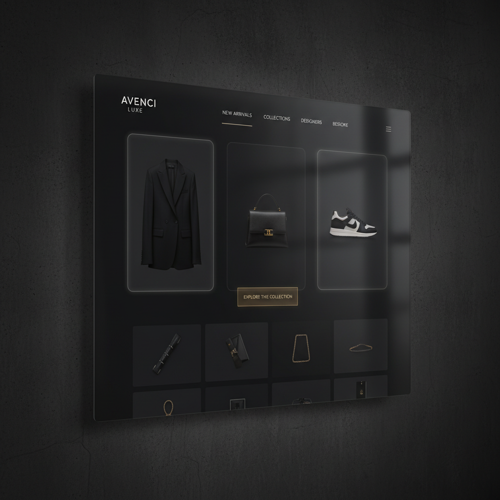 Concept mockup of a premium minimalist e-commerce storefront for a luxury fashion brand with dark elegant layout