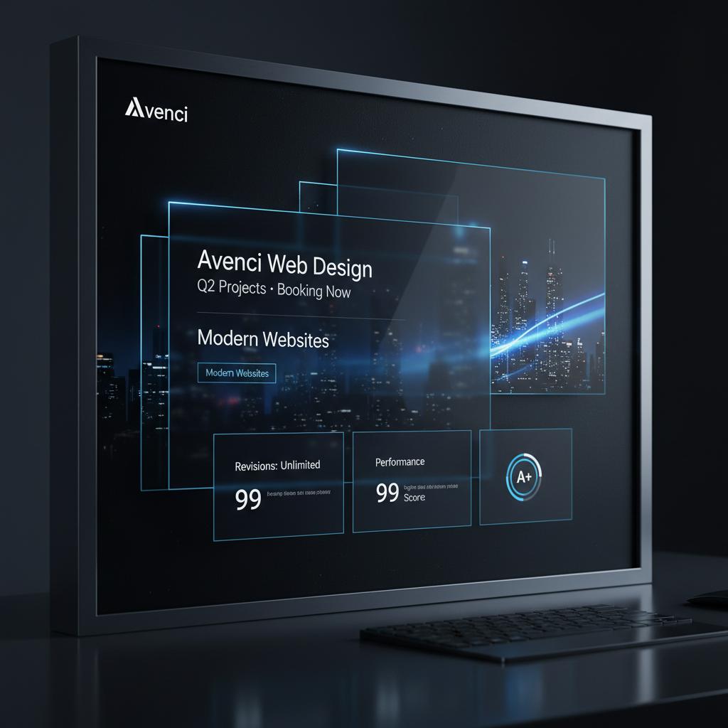 Cinematic dark mode UI mockup of a premium Avenci web design project showing glowing blue accents and glassmorphism interface