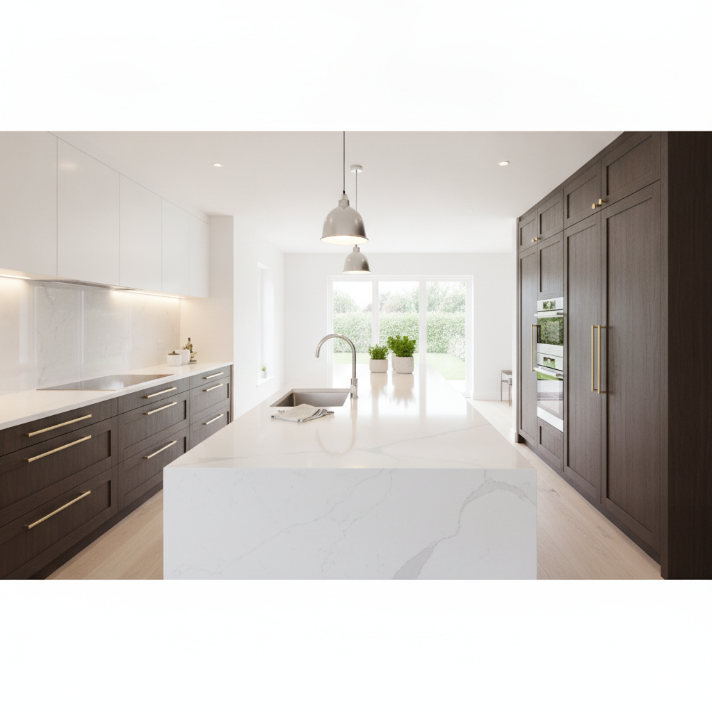 Pristine modern kitchen with gleaming countertops after a deep clean
