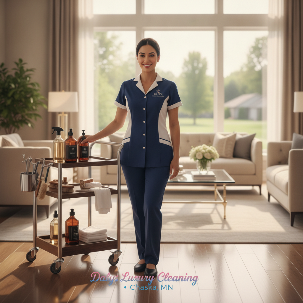 A professional Daly's Cleaning Services team member meticulously cleaning a modern, sunlit living room