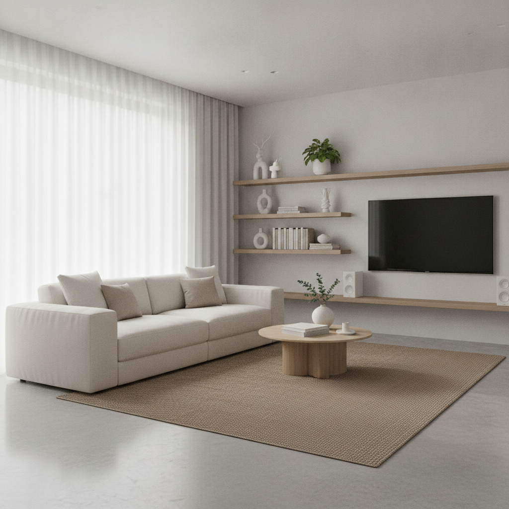 Spotless minimalist living room with organized shelves and dust-free surfaces