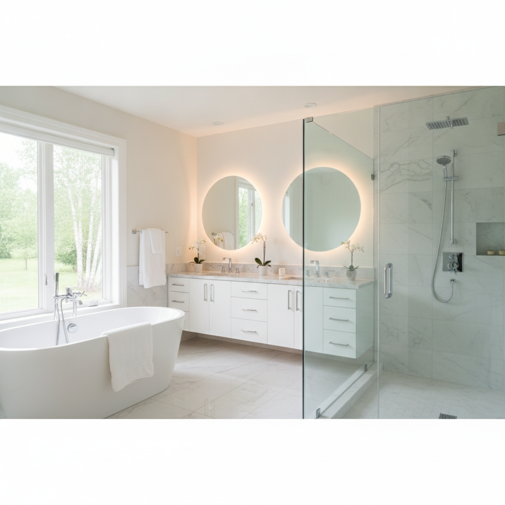 Immaculate luxury bathroom with sparkling fixtures and clean glass