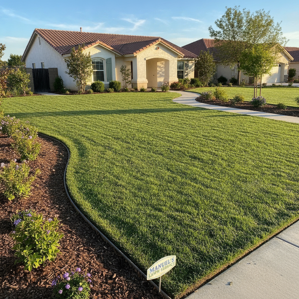 Freshly edged manicured front yard with crisp borders along concrete walkway in Lemoore California
