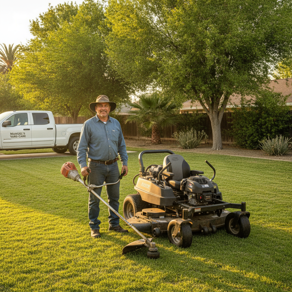 Manuel standing with commercial lawn mower and trimmer in a Hanford California yard