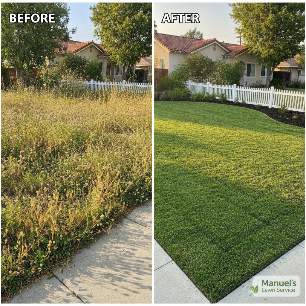 Before and after split of overgrown weedy lawn transformed to perfectly striped green grass in Hanford