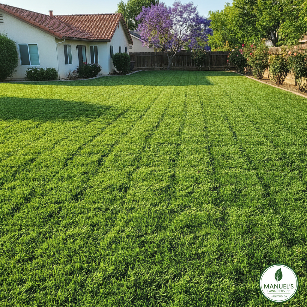Freshly maintained bright green lawn with perfect diagonal mowing pattern in a sunny Hanford California backyard