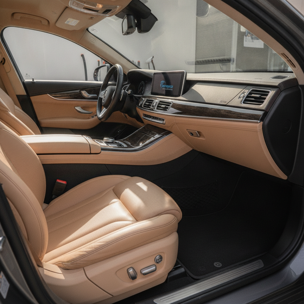 Pristine and vacuumed car interior with detailed dashboard and leather seats