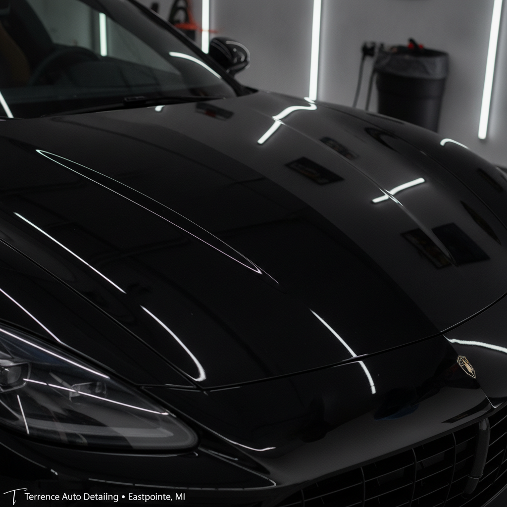 Close-up of a high-gloss black car paint with a mirror-like reflection