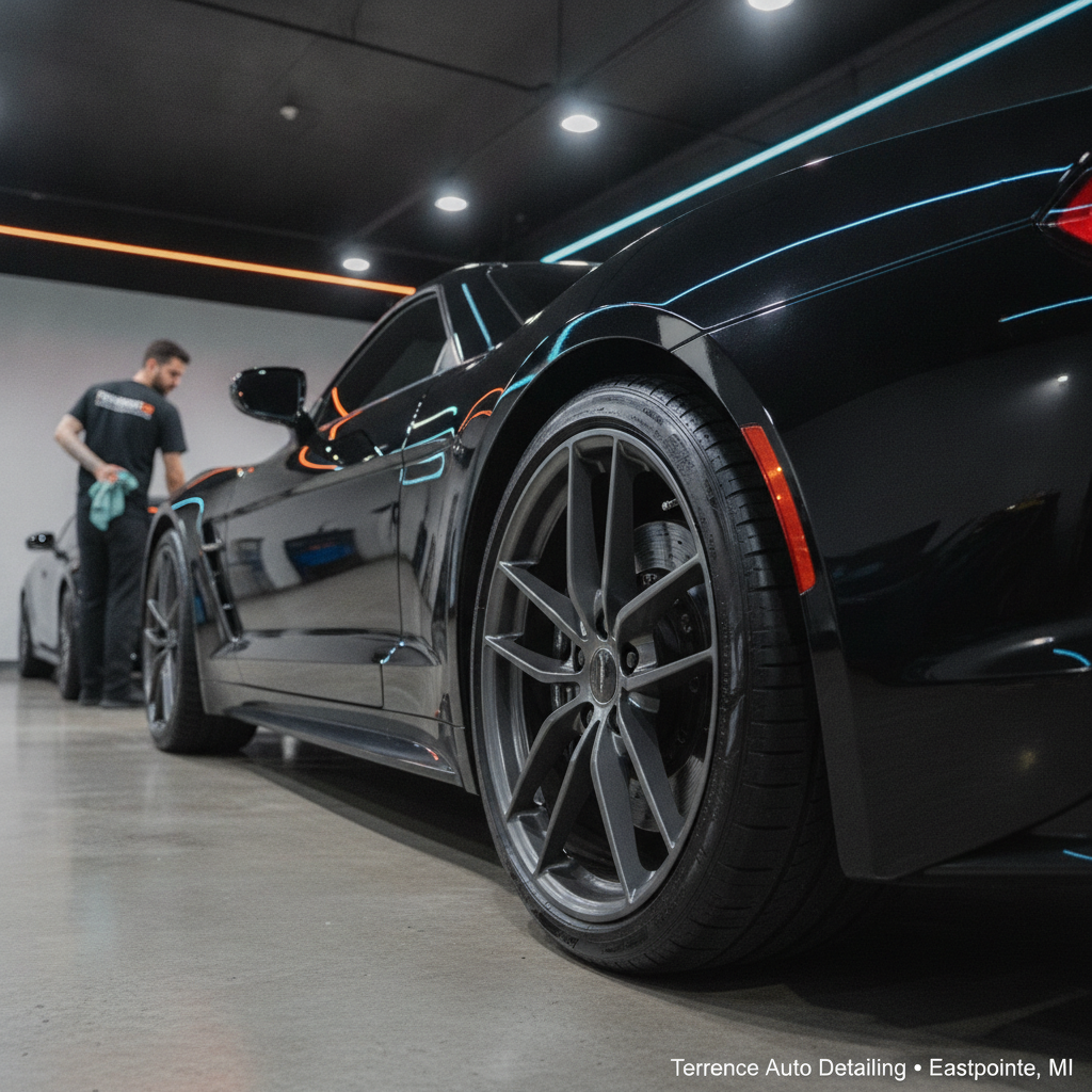 Side profile of a sports car showcasing gleaming, dressed tires and clean wheels