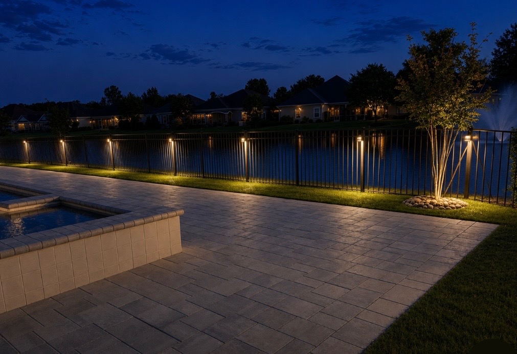 Grand entrance driveway with illuminated stone columns and moonlight tree lighting