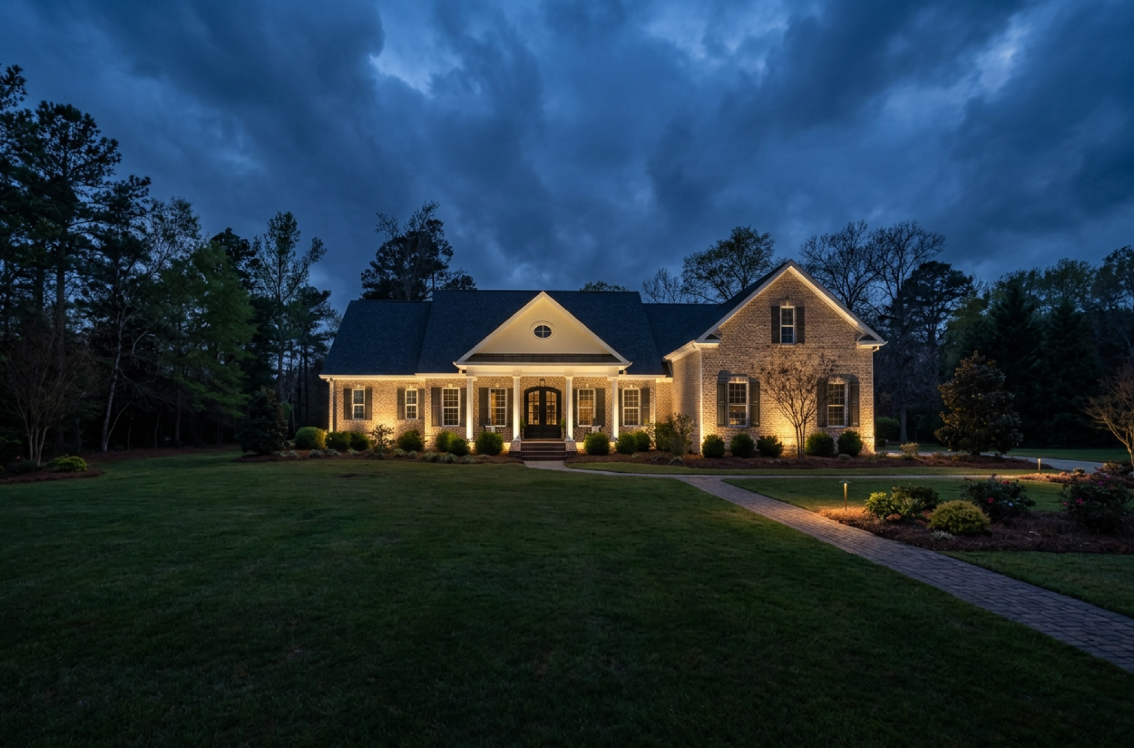 Waterfront property lighting reflecting on calm coastal waters at night
