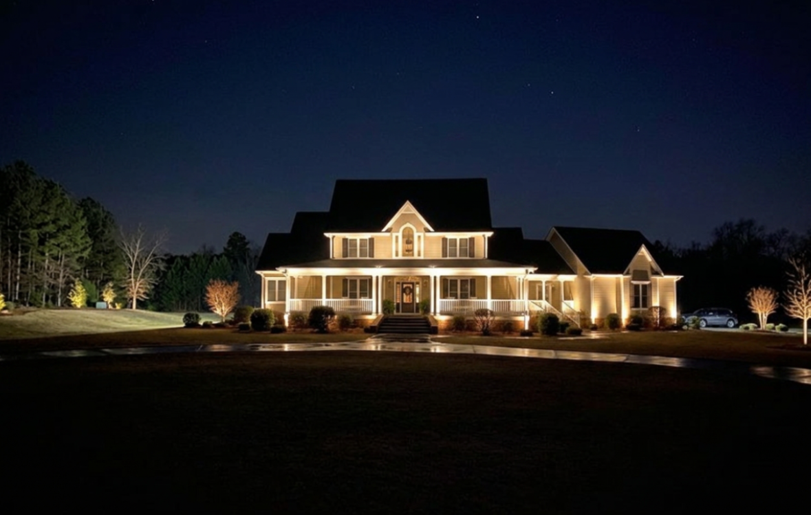 Moonlight downlighting effect from tree canopy casting dappled shadows on lawn