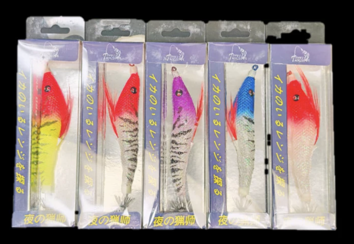 Tony's Tackle Premium Squid Jig Sotong Jig fishing lure in colorful design
