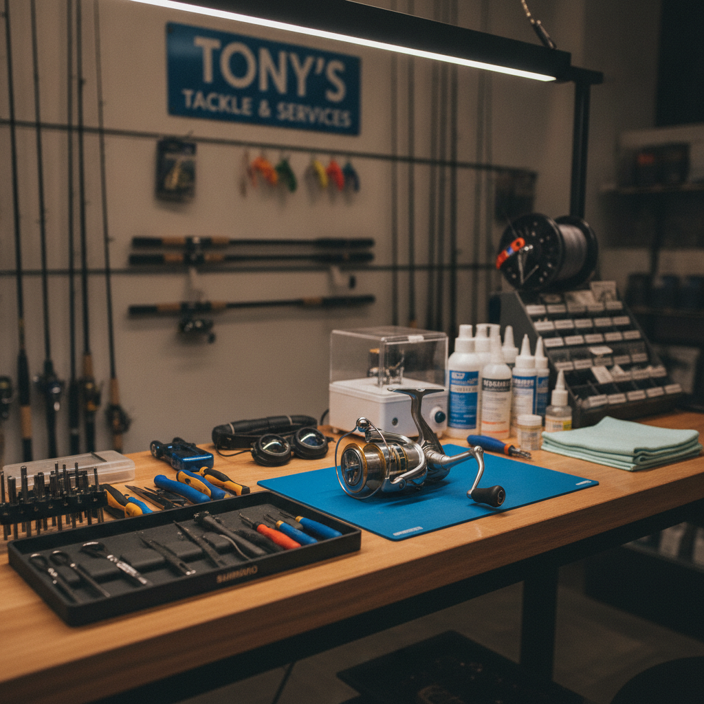 A clean, organized workbench with tools for fishing reel repair and maintenance