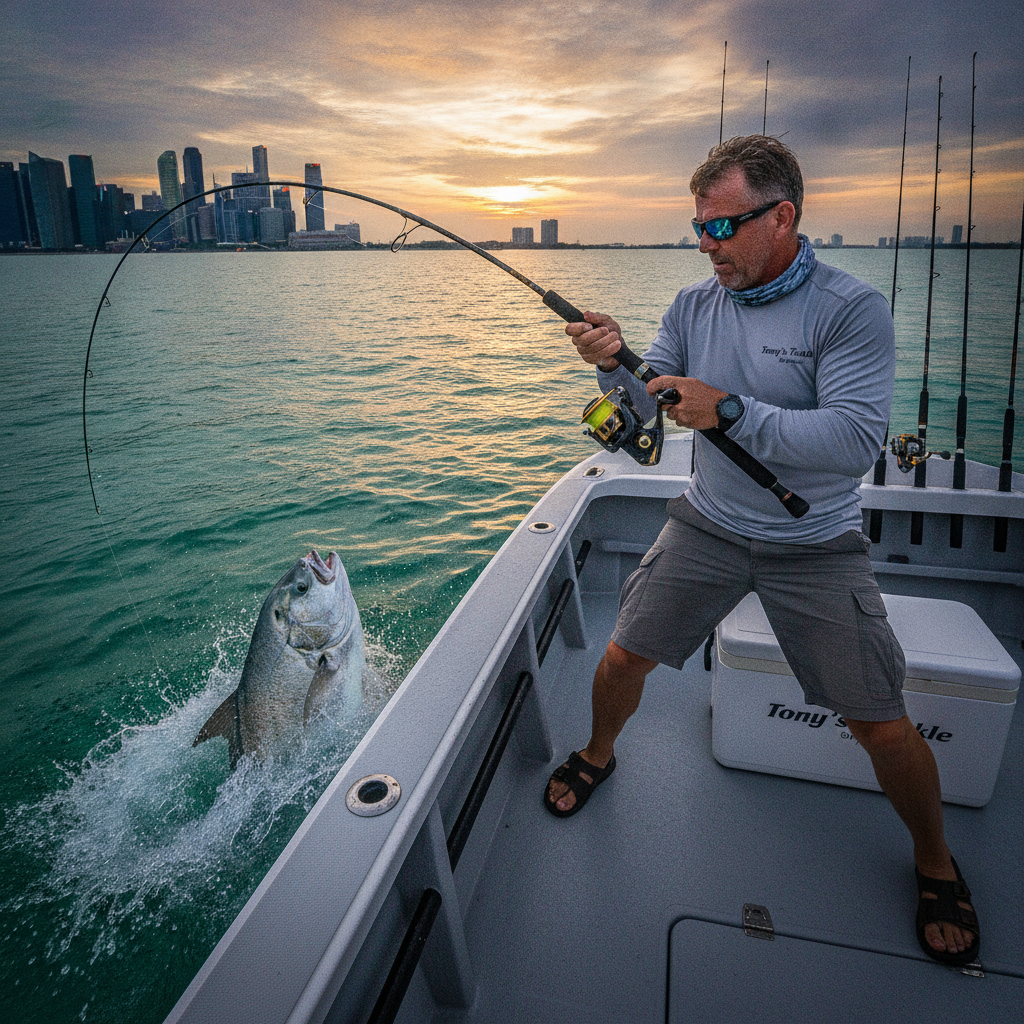 Professional angler fighting a large fish on a fishing boat using premium Daiwa reel and rod in Singapore waters at sunset