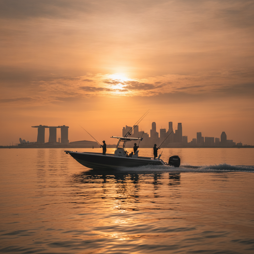 A fishing boat speeding across the water near Singapore at sunrise, with silhouettes of anglers