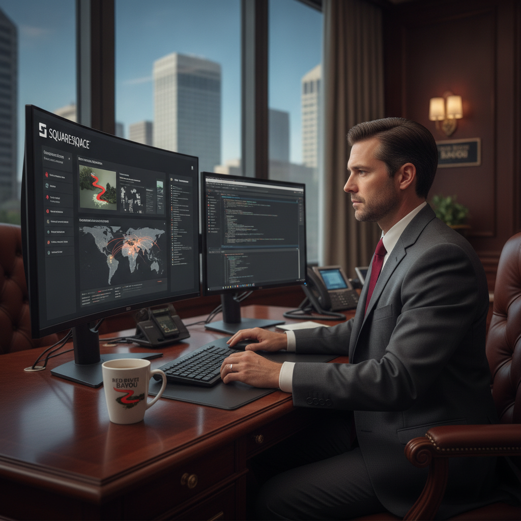 Professional executive web developer at Red River Bayou working on an enterprise Squarespace website serving international clients in a formal corporate office setting