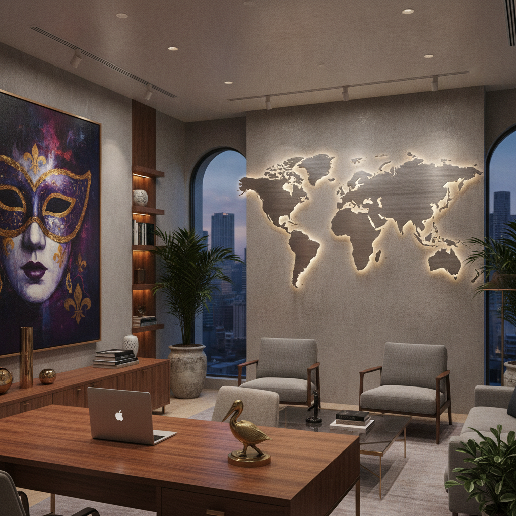 A sophisticated and modern office interior hinting at Louisiana heritage through subtle art pieces, with a world map signifying global reach.