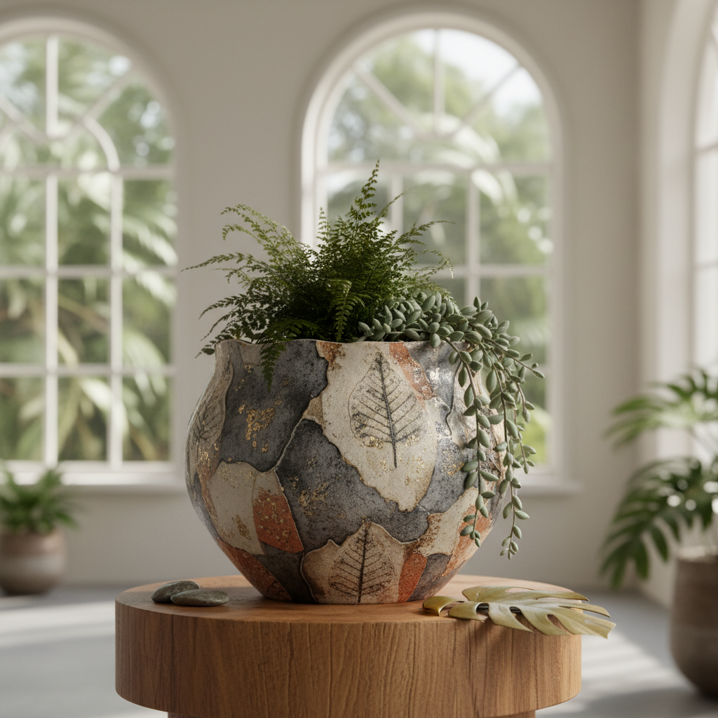 Close up of artisanal, textured ceramic planter