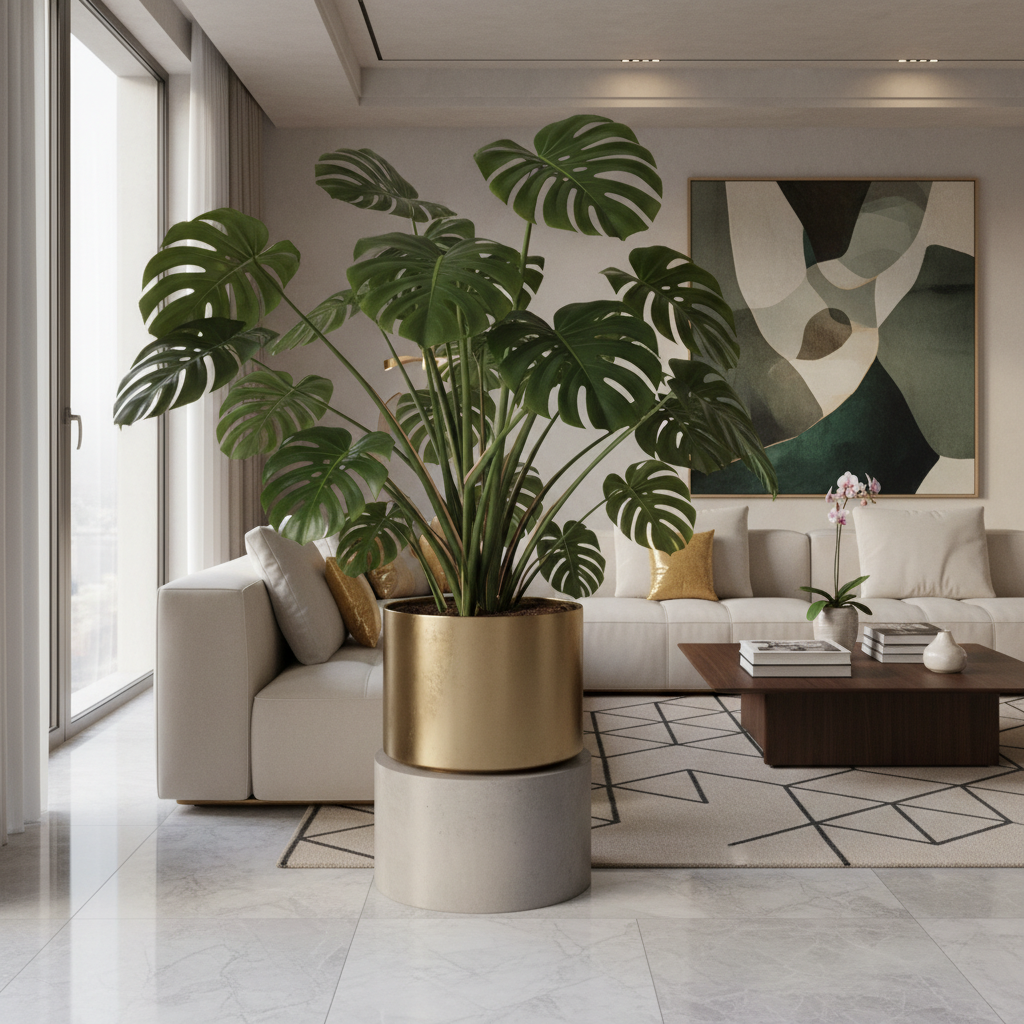 Luxurious indoor monstera plant in a modern living room
