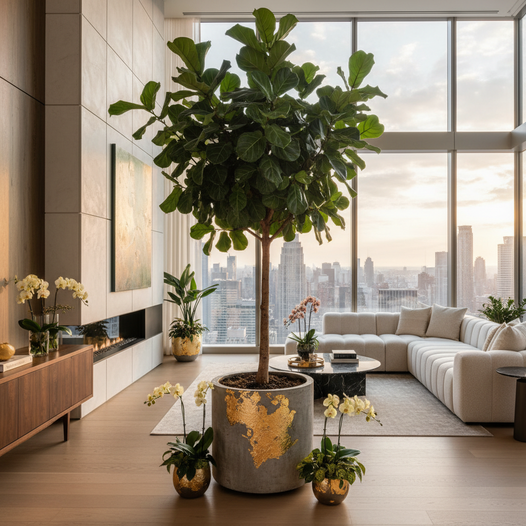 Wide view of a stunning, bespoke floral design perfectly placed in a modern luxury penthouse living room