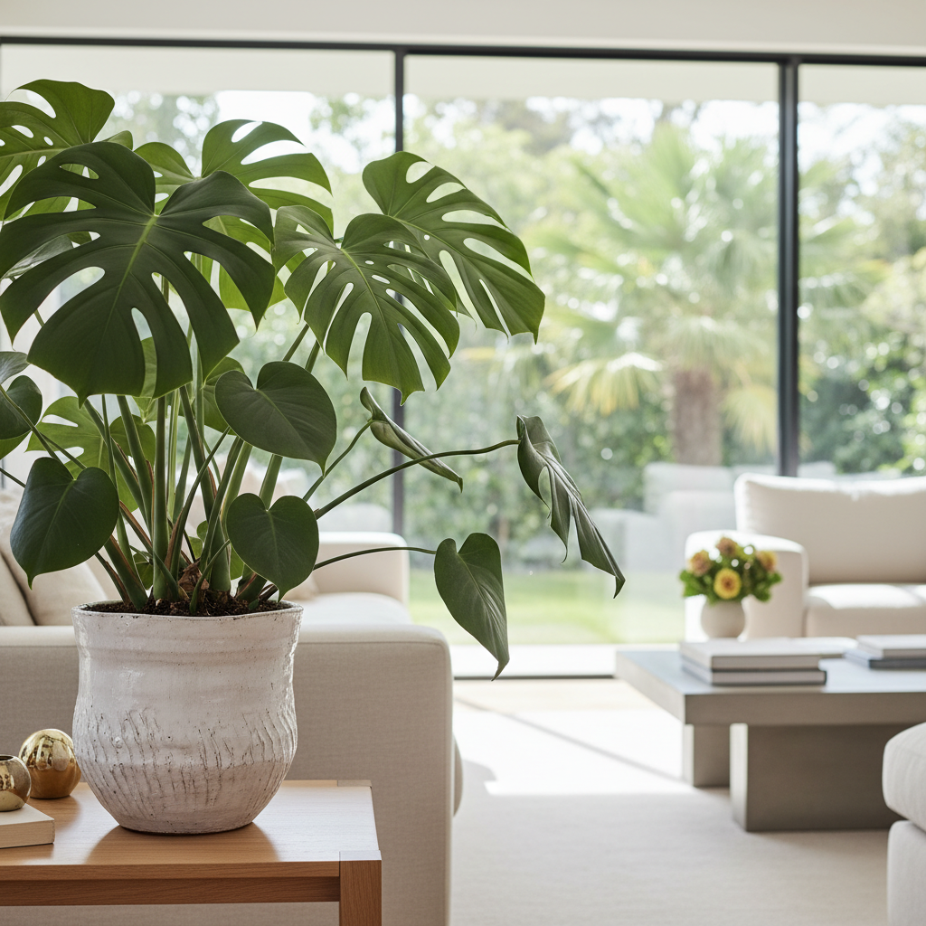 Lush, premium indoor Monstera plant housed in a handcrafted pot