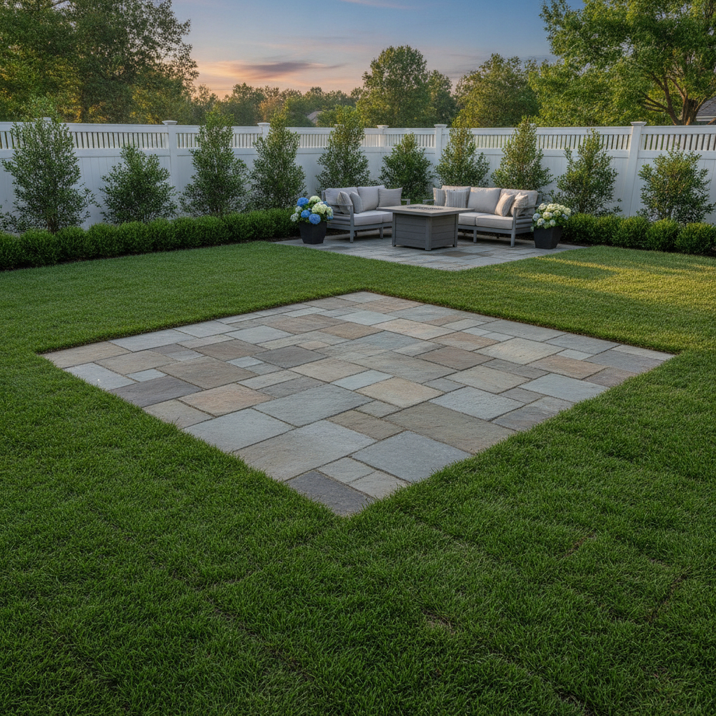 Clean-cut backyard with a new stone patio and freshly laid sod