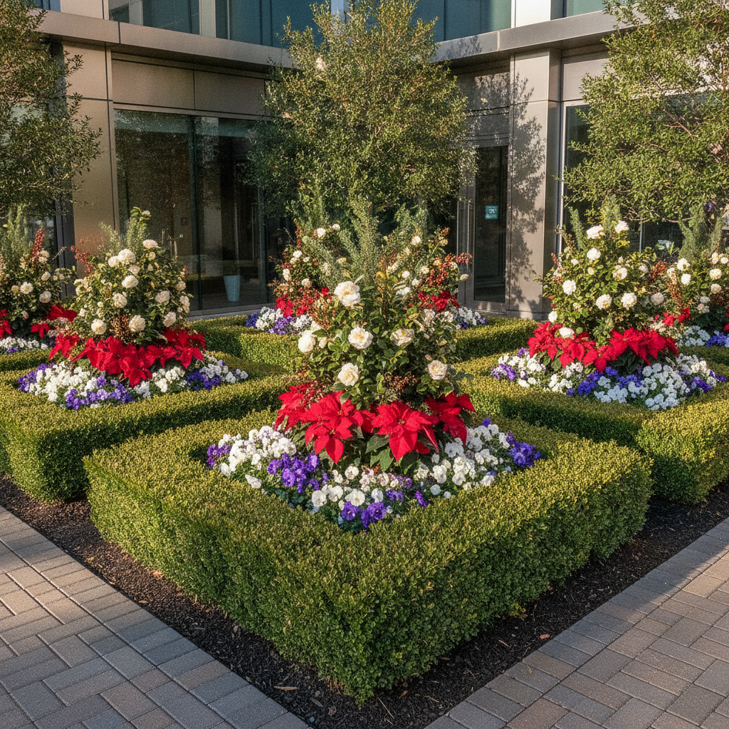 Commercial property with pristine, sharply trimmed hedges and seasonal floral arrangements
