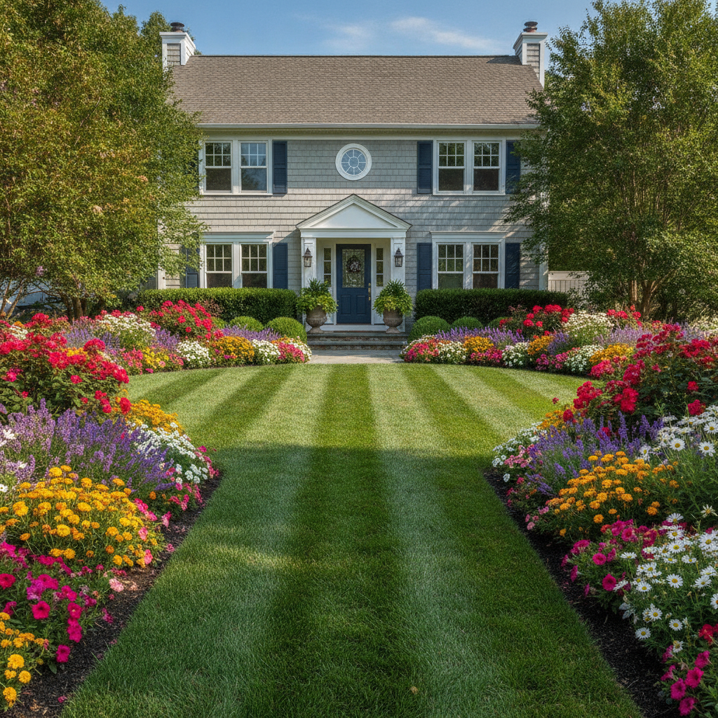 Beautifully manicured front yard with vibrant flower beds and a perfectly striped lawn