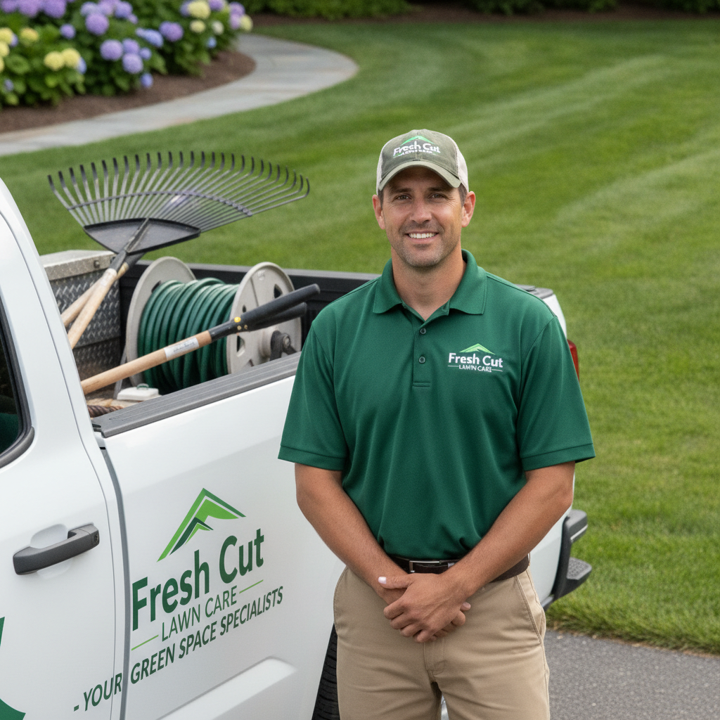 Friendly, professional landscaper in a BE MOWING uniform smiling next to a company truck