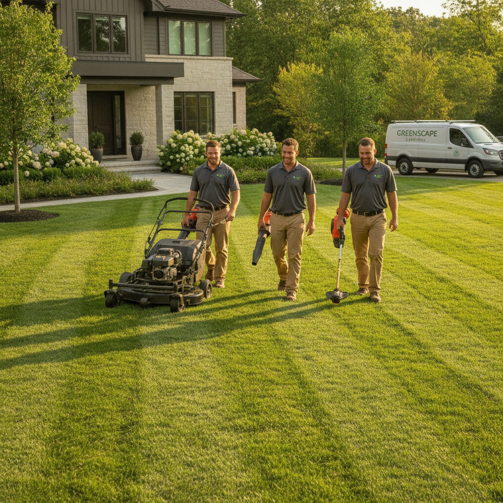 Professional lawn care team leaving a perfectly striped green lawn