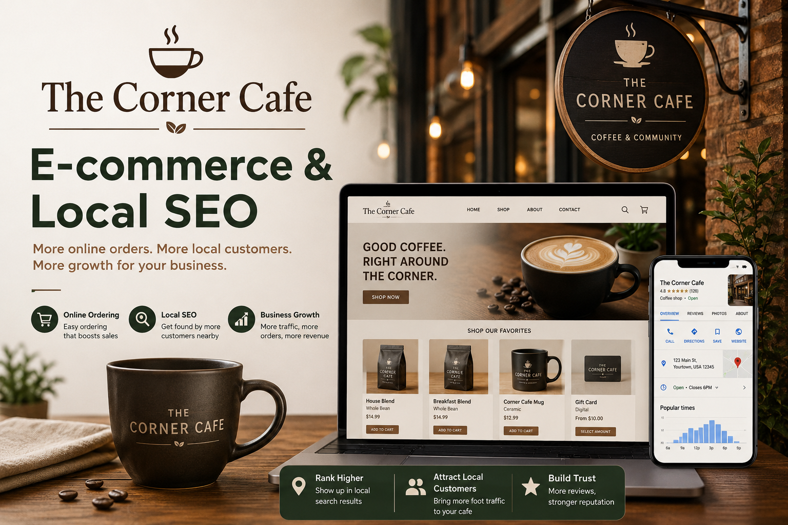 Screenshot of a modern website designed for a local coffee shop