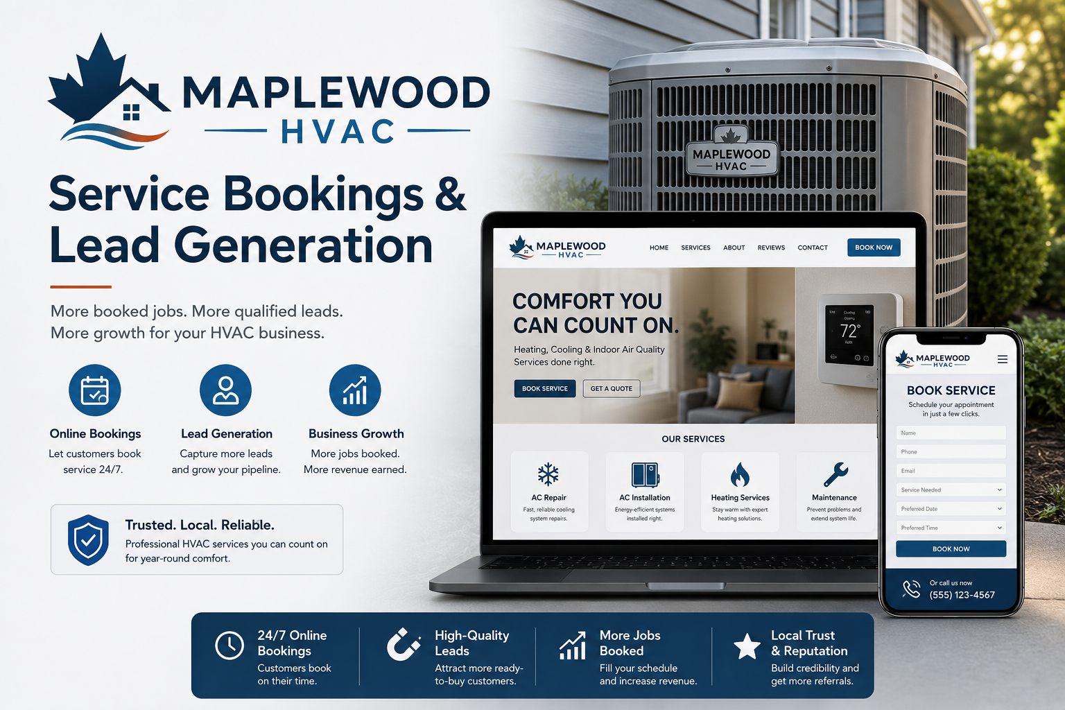 Screenshot of a clean, professional website for a local HVAC contractor with a booking system
