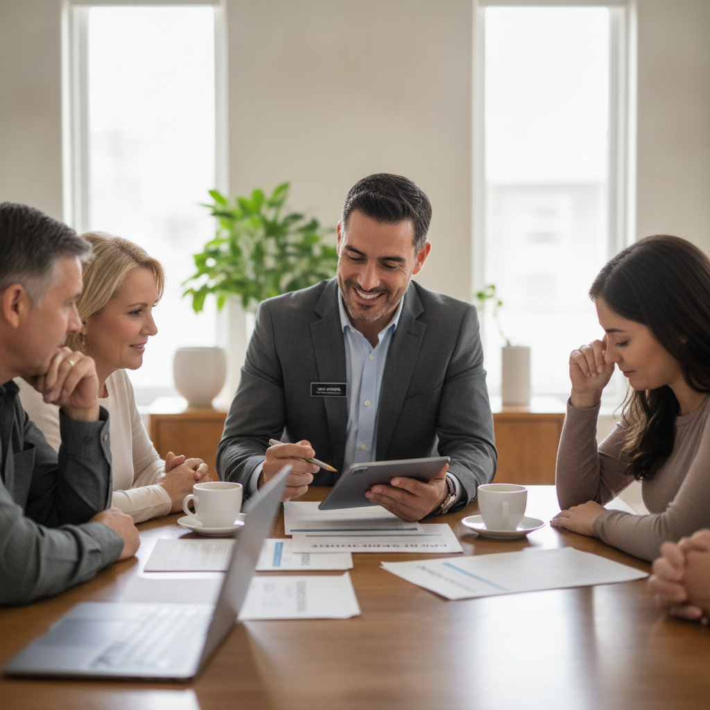 Jose Estrada, expert real estate advisor, sitting at a dining table discussing pre-foreclosure solutions and offering compassionate support to a relieved family