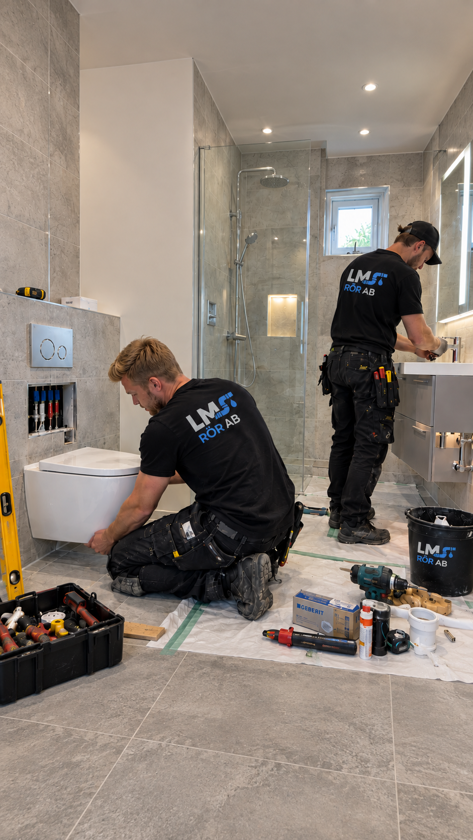 Professionell rörmokare från LM Rör AB som installerar och inspekterar rör i ett modernt badrum i Stockholm