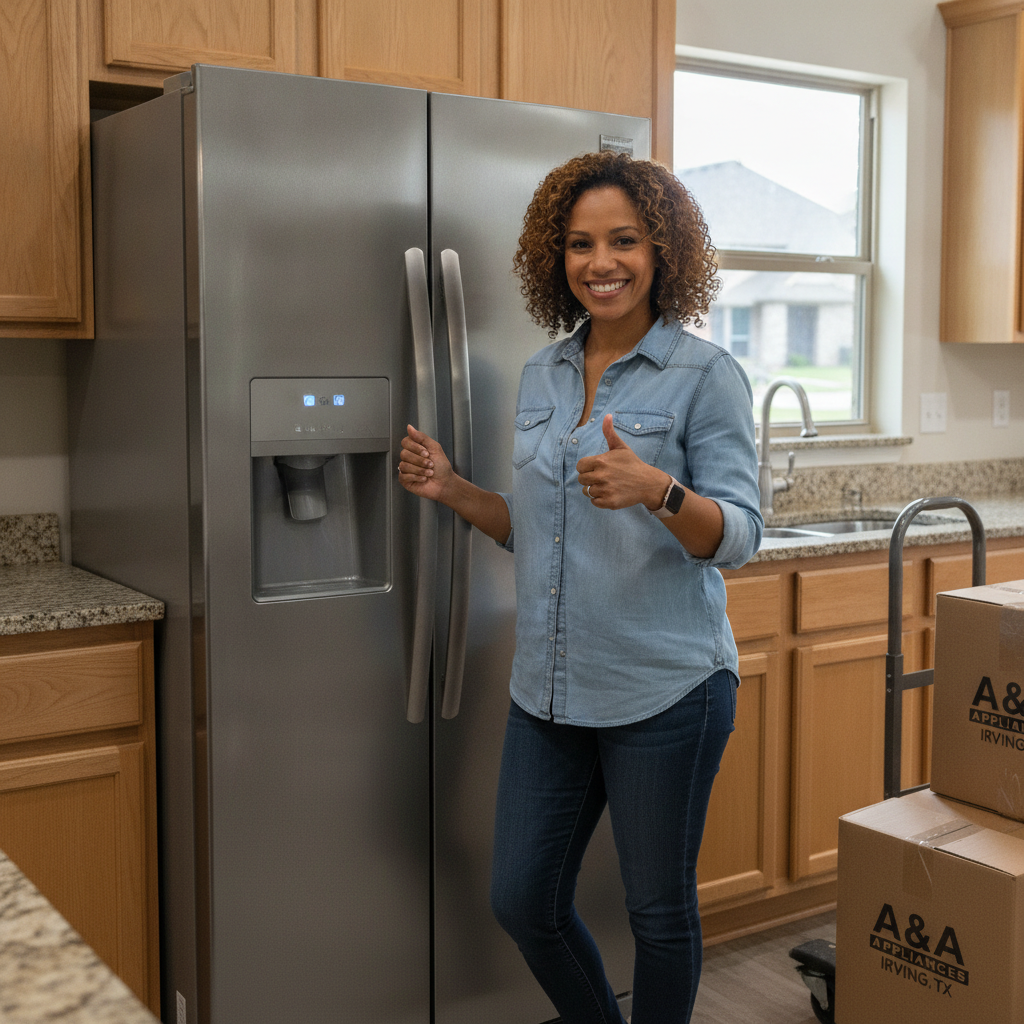 Happy Irving Texas customer smiling next to newly delivered stainless steel refrigerator