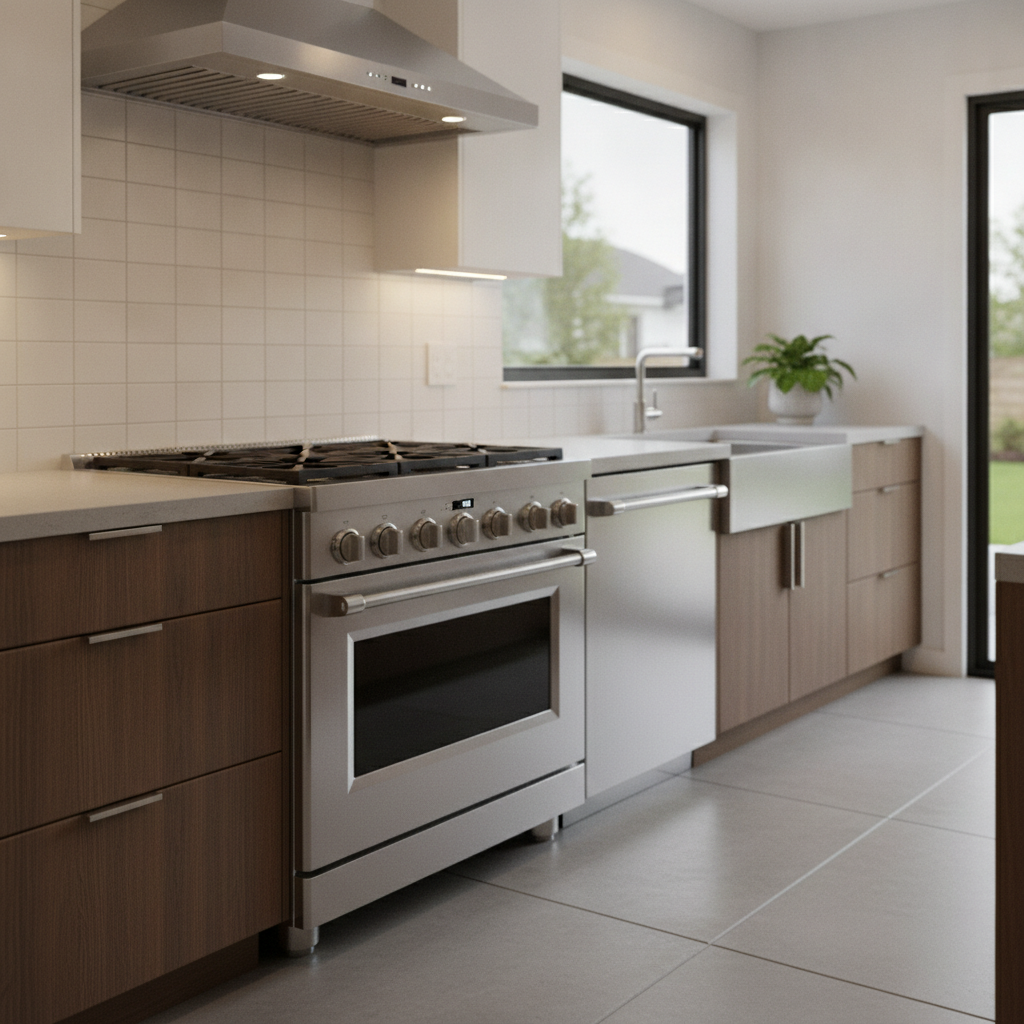 Stainless steel oven and built-in dishwasher in a modern kitchen