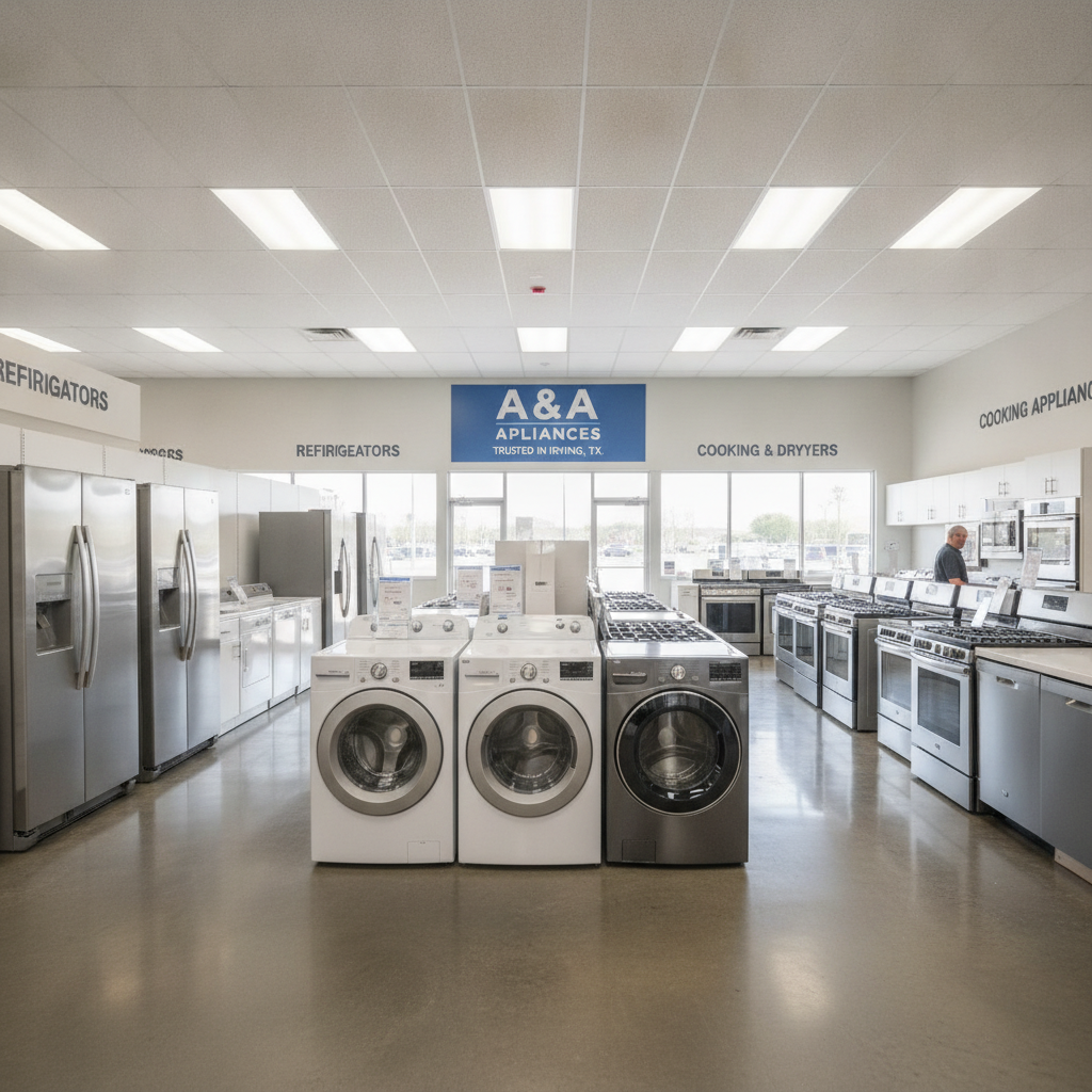 A&A Appliances showroom in Irving Texas displaying refrigerators, washers, dryers, and ovens for sale
