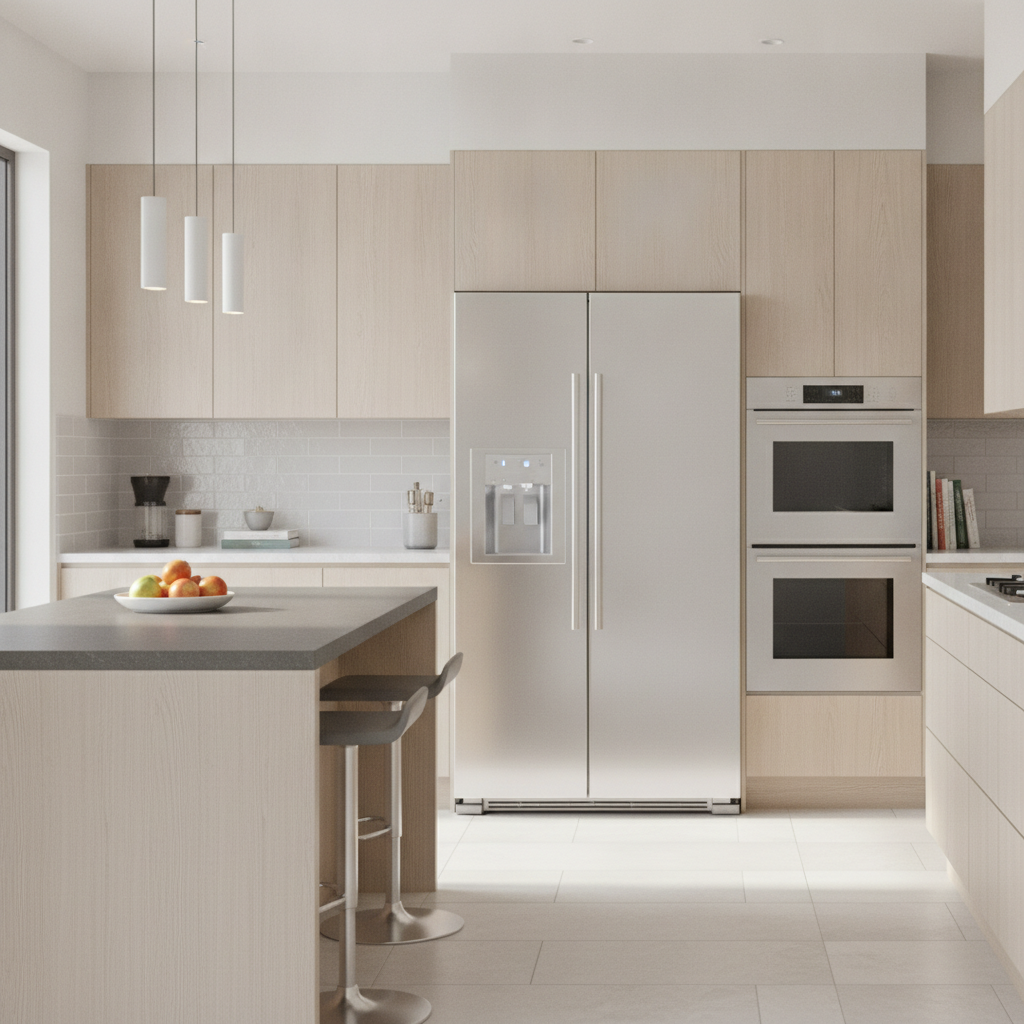 Modern stainless steel refrigerator with double doors in a clean kitchen