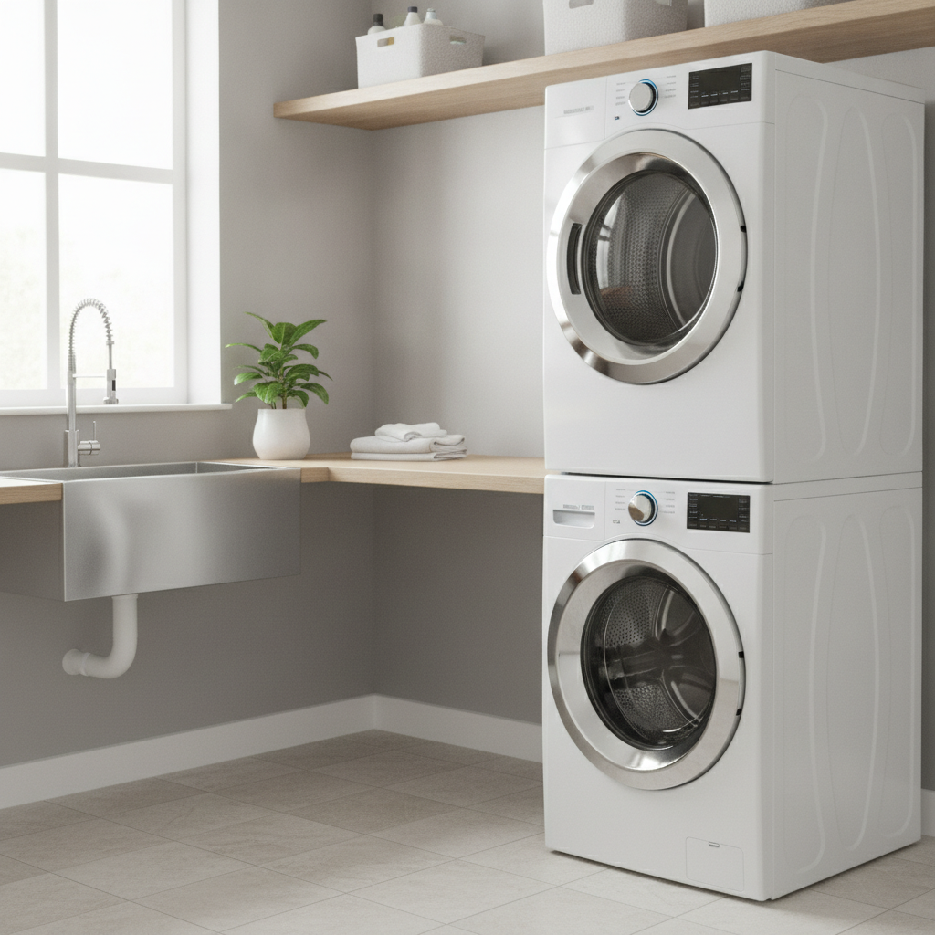 High-efficiency front-loading washer and dryer set in a bright laundry room
