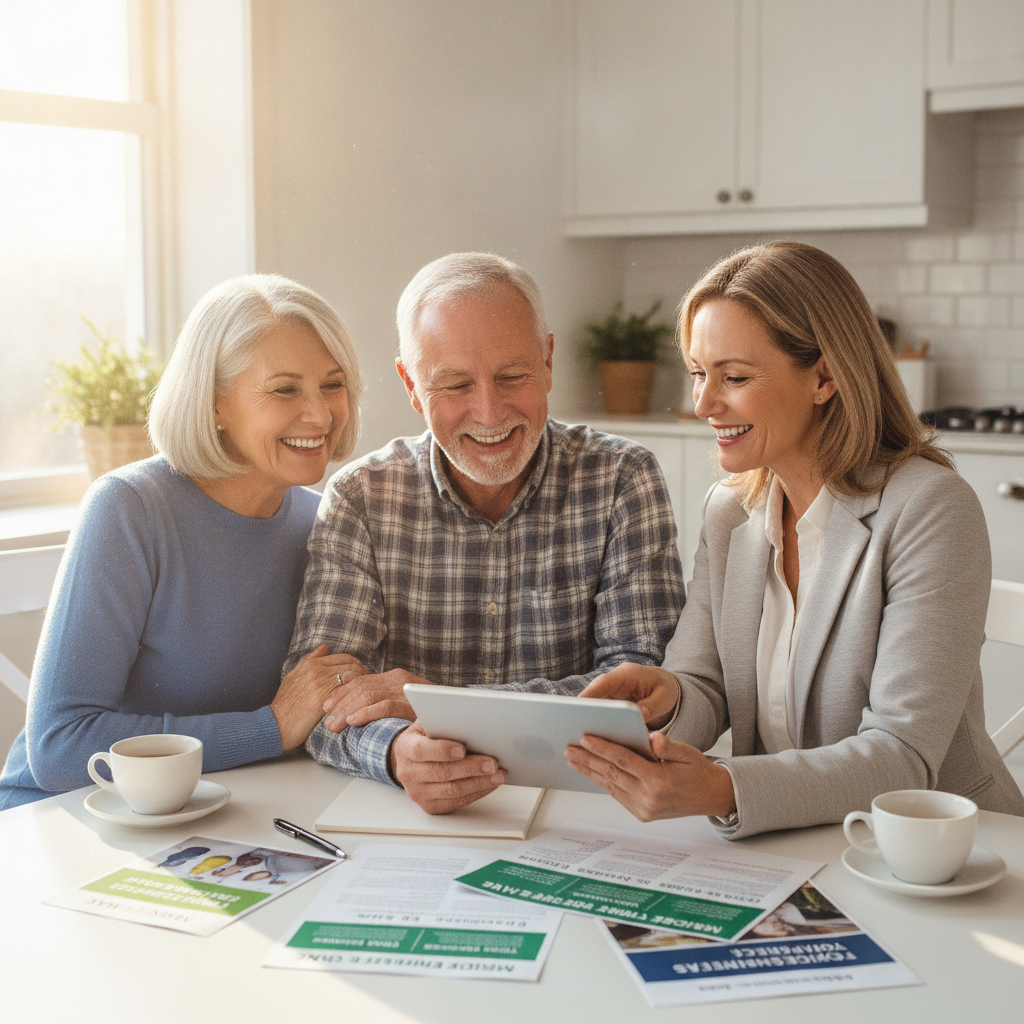 Happy senior couple in their late sixties reviewing Medicare Supplement plan options with a licensed insurance broker at a sunlit kitchen table