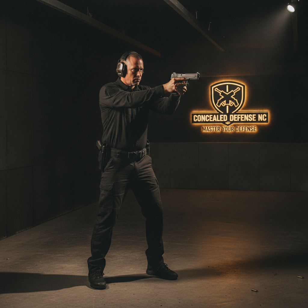 Professional NC concealed carry firearms instructor demonstrating proper pistol grip and stance in dramatic tactical lighting at Concealed Defense academy