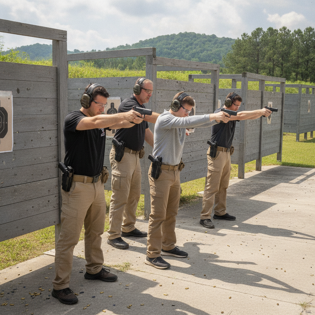 Students practicing draw stroke from concealment holster at tactical shooting range with instructor supervision
