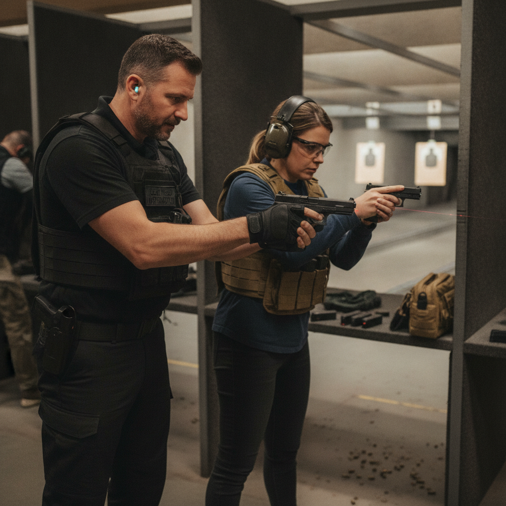 Certified firearms instructor coaching adult student on proper pistol marksmanship at professional indoor shooting range with tactical equipment